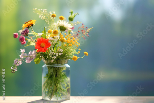 Bouquet of wild flowers on the table in a glass vase. Selective focus. AI generated