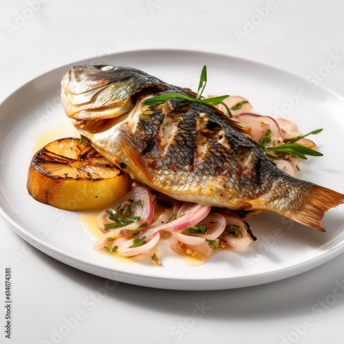 A grilled sea bass marinated with few onions on a white plate on a white table