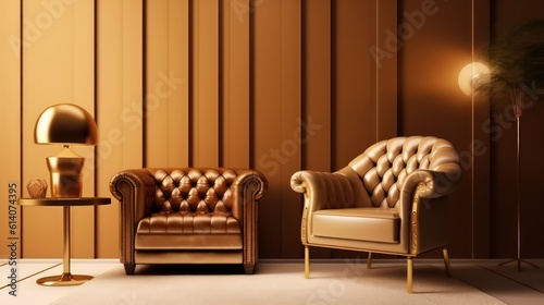 A living room with a blank soft caramel gold wall radiating a warm and luxurious atmosphere