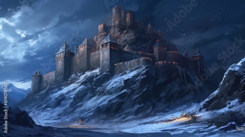 Hyper-realistic magnificent large stronghold castle in a snowy tundra mountains