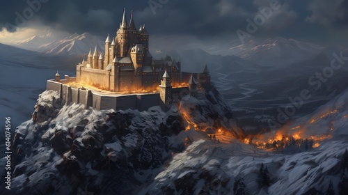 Hyper-realistic magnificent large stronghold castle in a snowy tundra mountains © Usablestores