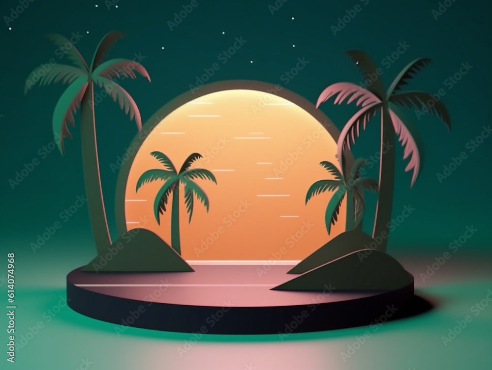 Display podium with sunset arch and tropical palm tree decor. Starry night background template. Created with Generative AI technology