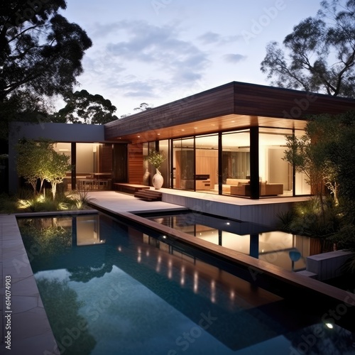 Modern Architecture: Inviting House with a Central Pool & Trees © atticus