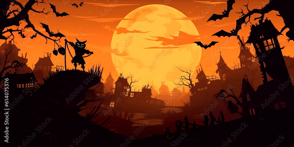 chilling Halloween background with a full moon, silhouettes of bats, and a creepy old witch flying on a broomstick. Generative AI