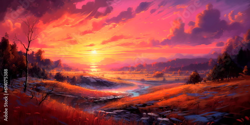 Dramatic sunset over a wide-open field  painting the sky in hues of orange  pink  and purple Generative AI