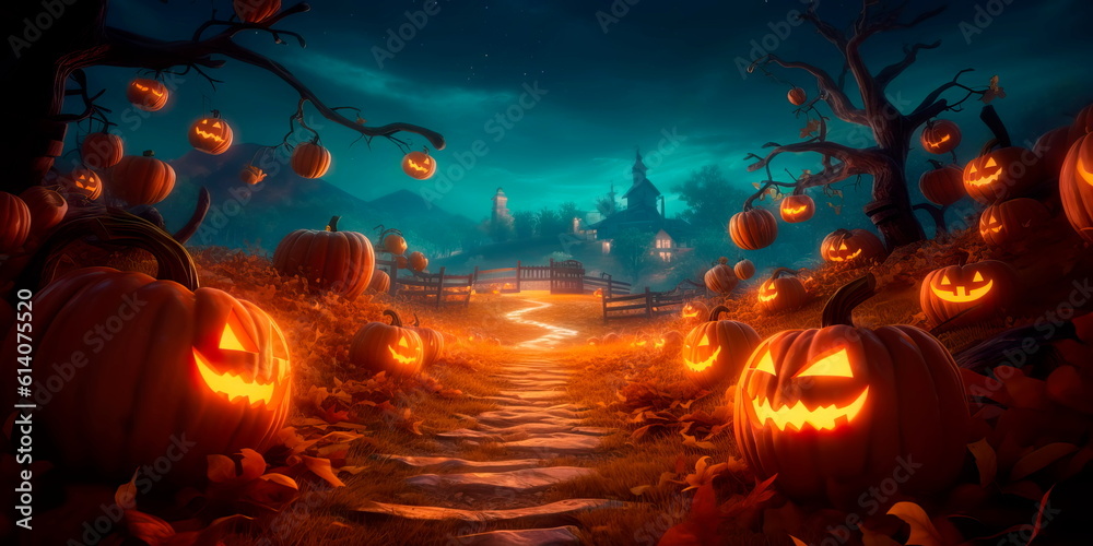 spooky and atmospheric Halloween background with a pumpkin patch, flickering lanterns, and a starry night sky. Generative AI