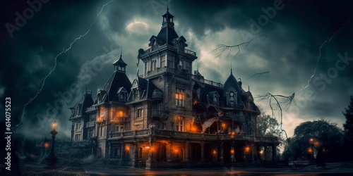 spooky Halloween background with a haunted castle, thunderstorm, and ghostly apparitions. Generative AI