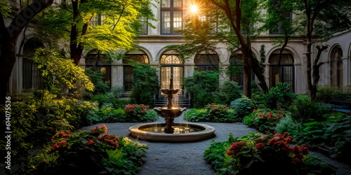 Tranquil garden courtyard with a fountain, lush greenery, and blooming flowers in full bloom modern . Generative AI