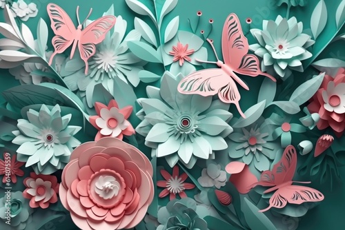 Paper flowers and butterflies on blue background. Generative ai