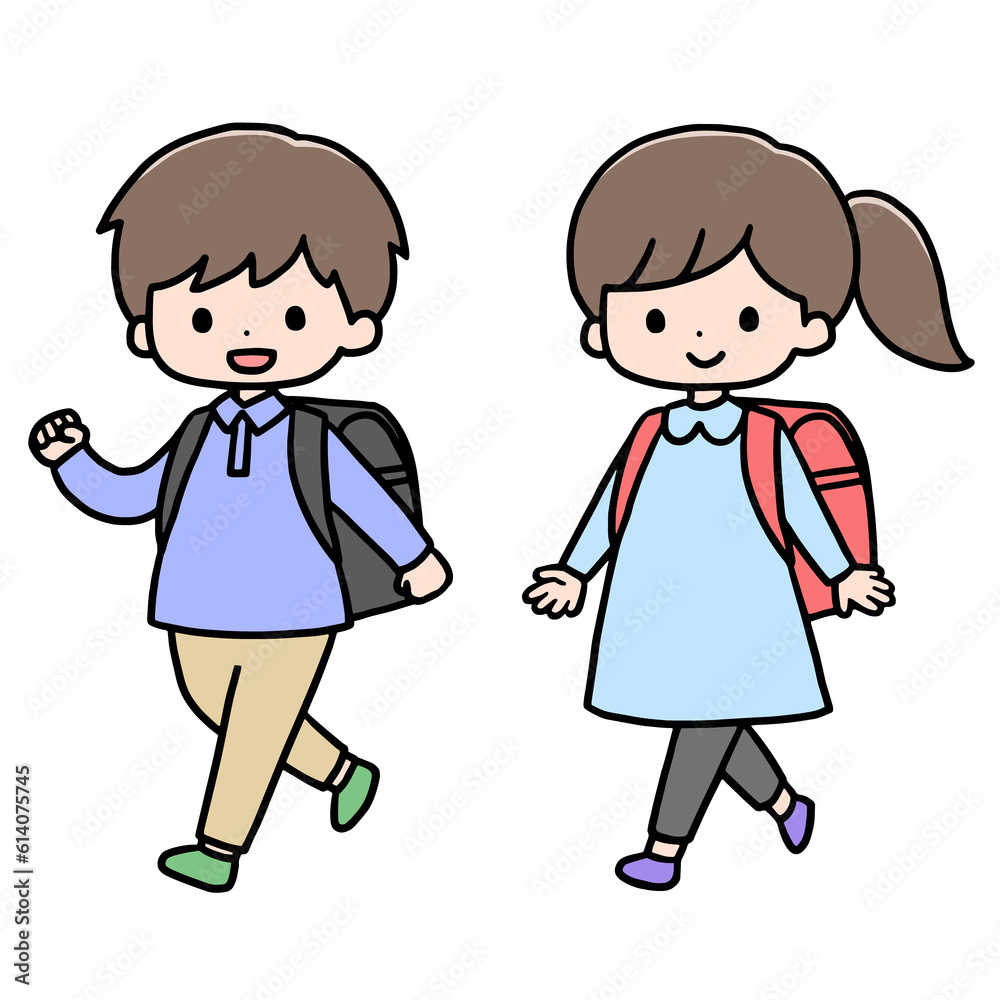 歩く小学生の女の子と男の子