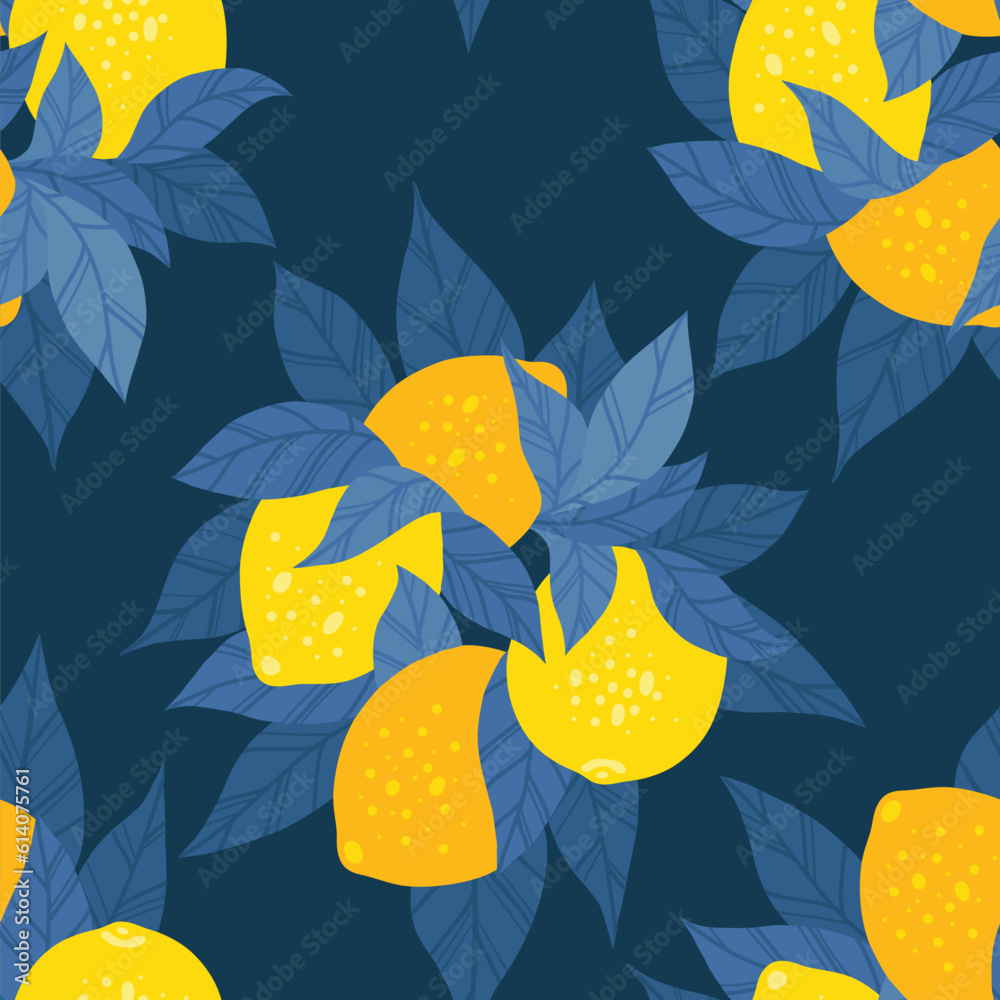 Vector modern seamless pattern with bunch of lemons with blue foliage ...