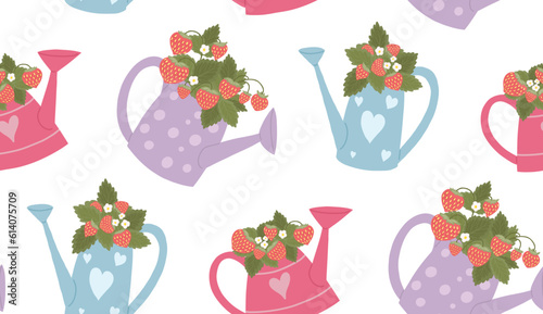 Summer texture with watering cans and strawberries. Vector seamless pattern with a bouquet of berries in multi colored vases on white background.
