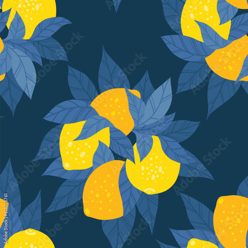 Vector modern seamless pattern with bunch of lemons with blue foliage on dark blue background. Texture with bush of hand drawn flat citrus fruits