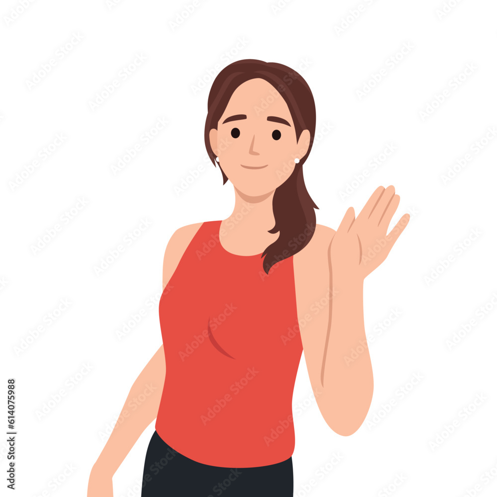 happy young woman with hand on the waist, smiling, waving hand cheerfully saying hi, hello nice to meet you. Flat vector illustration isolated on white background happy young woman with hand on the waist, smiling, waving hand cheerfully saying hi, hello nice to meet you. Flat vector illustration isolated on white background