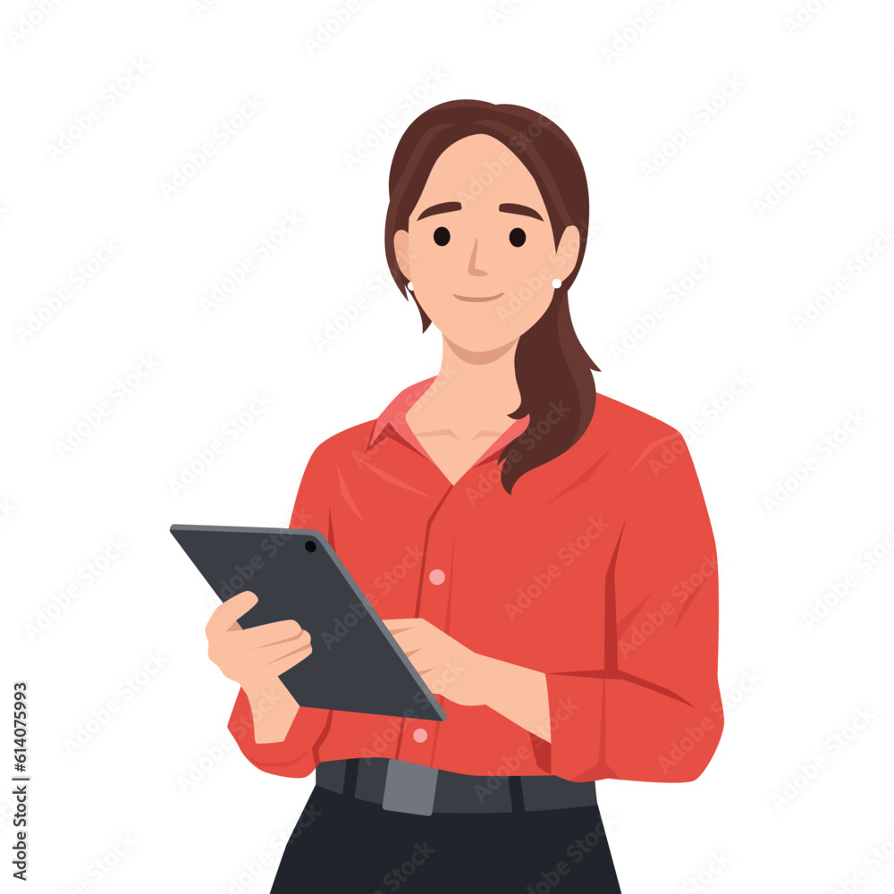 Happy young woman pointing and showing smth with hand. Smiling secretary or businesswoman explaining and presenting. Flat vector illustration isolated on white background Happy young woman pointing and showing smth with hand. Smiling secretary or businesswoman explaining and presenting. Flat vector illustration isolated on white background