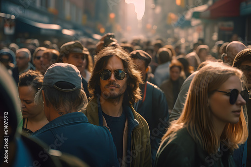 A man with long hair in sunglasses in a crowd of people on a city street. Generative AI.