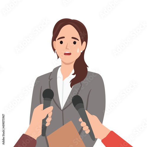 Pensive female politician thinking talking with reporters or journalists. Woman speaker have interview speak in microphones at conference. Flat vector illustration isolated on white background