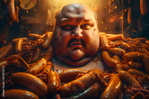 Fat obnoxious man with open dirty mouth in a restaurant surrounded by greasy verd food sausages, sausages, high cholesterol. Generative AI photo