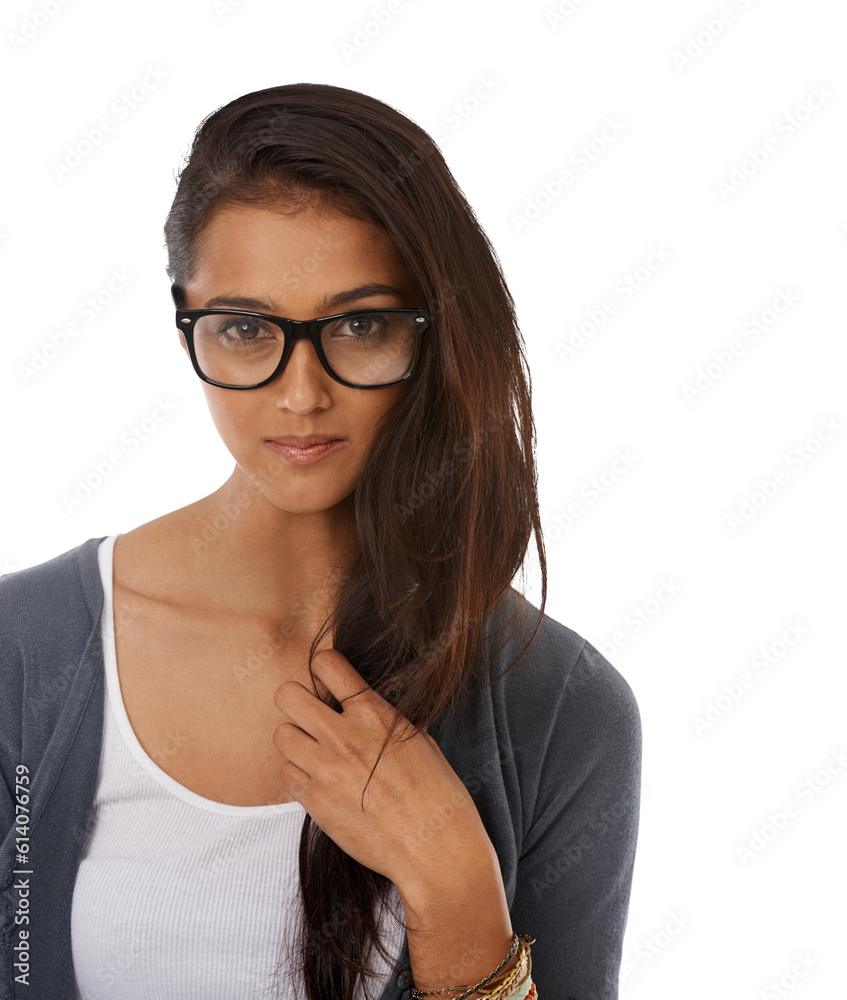 Glasses, woman and portrait with confidence and eyecare isolated on transparent, png background. Young, female Indian person and beautiful with trendy fashion, modern spectacles and face accessory Glasses, woman and portrait with confidence and eyecare isolated on transparent, png background. Young, female Indian person and beautiful with trendy fashion, modern spectacles and face accessory