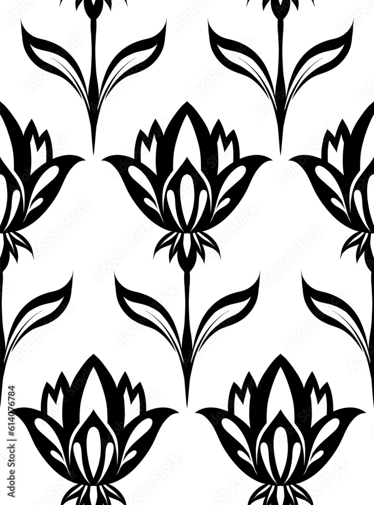 Simple vector pattern with black silhouettes decorative geometric flowers on white background. Monochrome floral folk art texture.