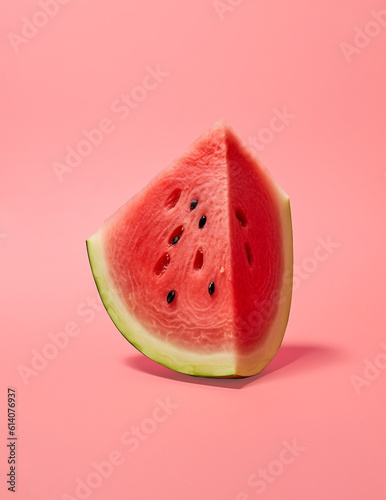 Minimal summer fruit scene with slice of ripe watermelon on isolated pastel pink background. Raw food concept. Generated by artificial intelligence. photo