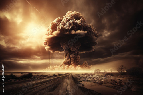 Nuclear explosion in the desert, clouds of smoke in the sky