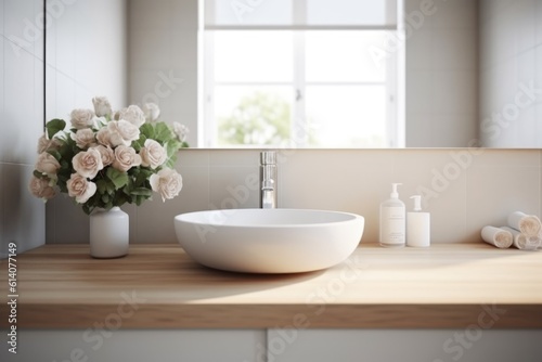 Scandinavian Bathroom interior. Modern White sink on wood counter with round mirror and flowers.