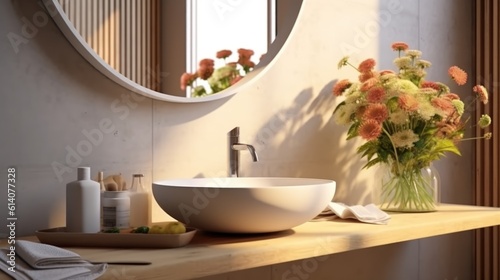 Scandinavian Bathroom interior. Modern White sink on wood counter with round mirror and flowers.