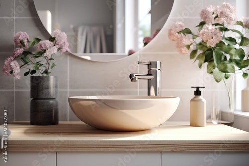 Scandinavian Bathroom interior. Modern White sink on wood counter with round mirror and flowers.