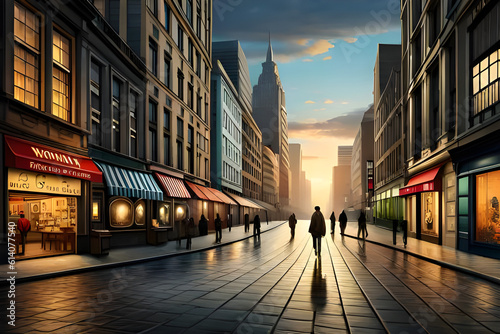 Shopping street in New York City at sunset. 3D rendering, generative ai