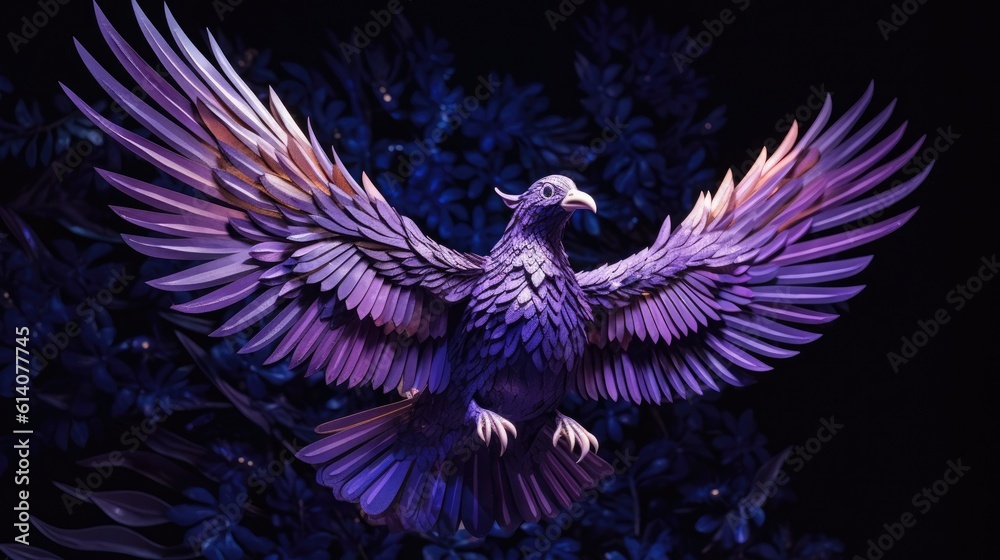 Obraz premium A paper sculpture of a bird in purple lighting