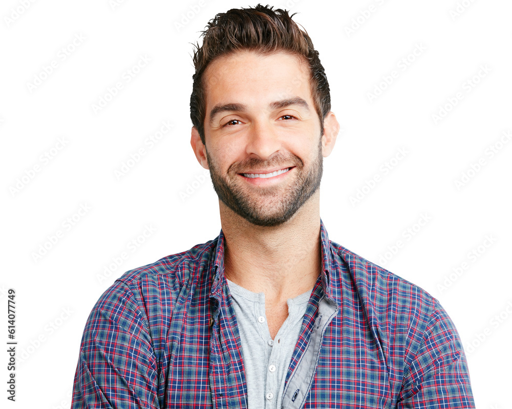 Portrait, fashion and man with a smile, beauty or confident guy isolated against a transparent background. Face, male person or model with happiness, streetwear or stylish clothes with png and Canada