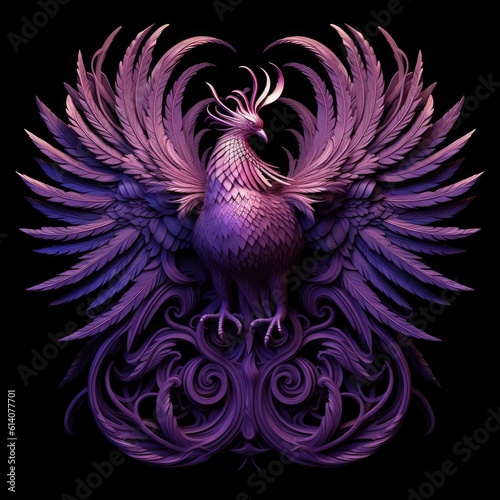 Phoenix sculpture with purple feathers on a black background