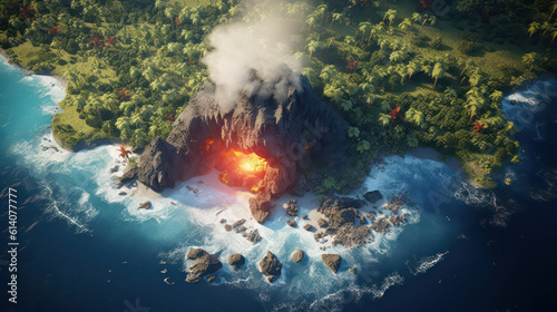 A dramatic bird’s eye view of a tropical island with a burning volcano. This image shows the contrast and conflict between nature’s beauty and fury AI Generative