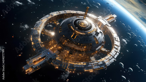 A stunning bird’s eye view of a futuristic space station orbiting a planet with a ring system. This image captures the beauty and mystery of space exploration in sci-fi style AI Generative