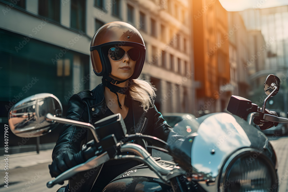 Beautiful serious girl in red glasses in a helmet rides a rock stile retro motorcycle around the city at high speed. Generative AI. Beautiful serious girl in red glasses in a helmet rides a rock stile retro motorcycle around the city at high speed. Generative AI.