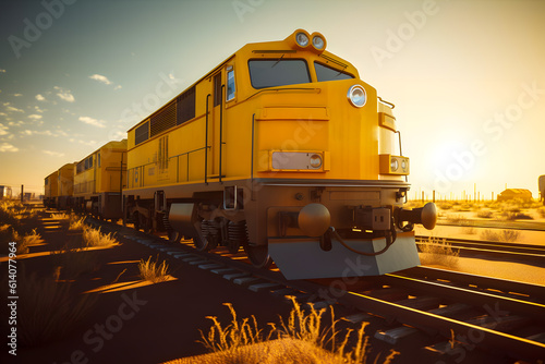 Yellow locomotive on the railway in the desert, freight train. Generative AI.