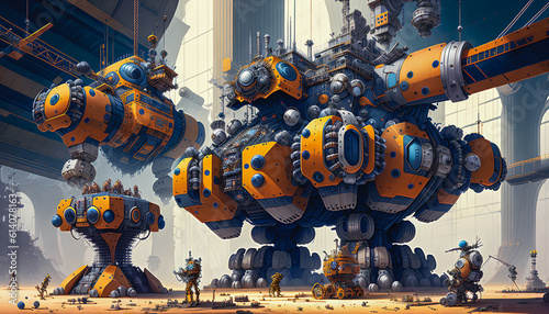 The Surreal Robot Undergoing Repairs by Engineers in a Vast Hall. Generative AI.