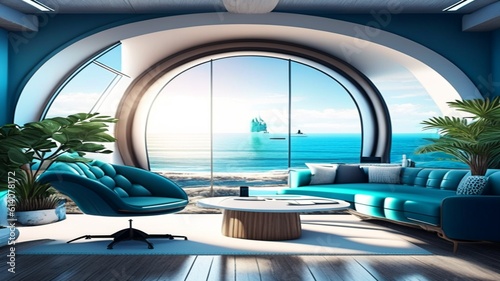 Inspiring office interior design Coastal style Lounge featuring Ocean view architecture. Generative AI