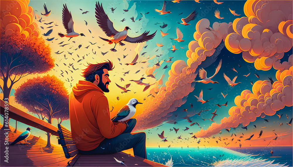 The Young Man's Playful Encounter with Pigeons on a Park Bench, Amidst the Setting Sun. Emotions. Generative AI. The Young Man's Playful Encounter with Pigeons on a Park Bench, Amidst the Setting Sun. Emotions. Generative AI.