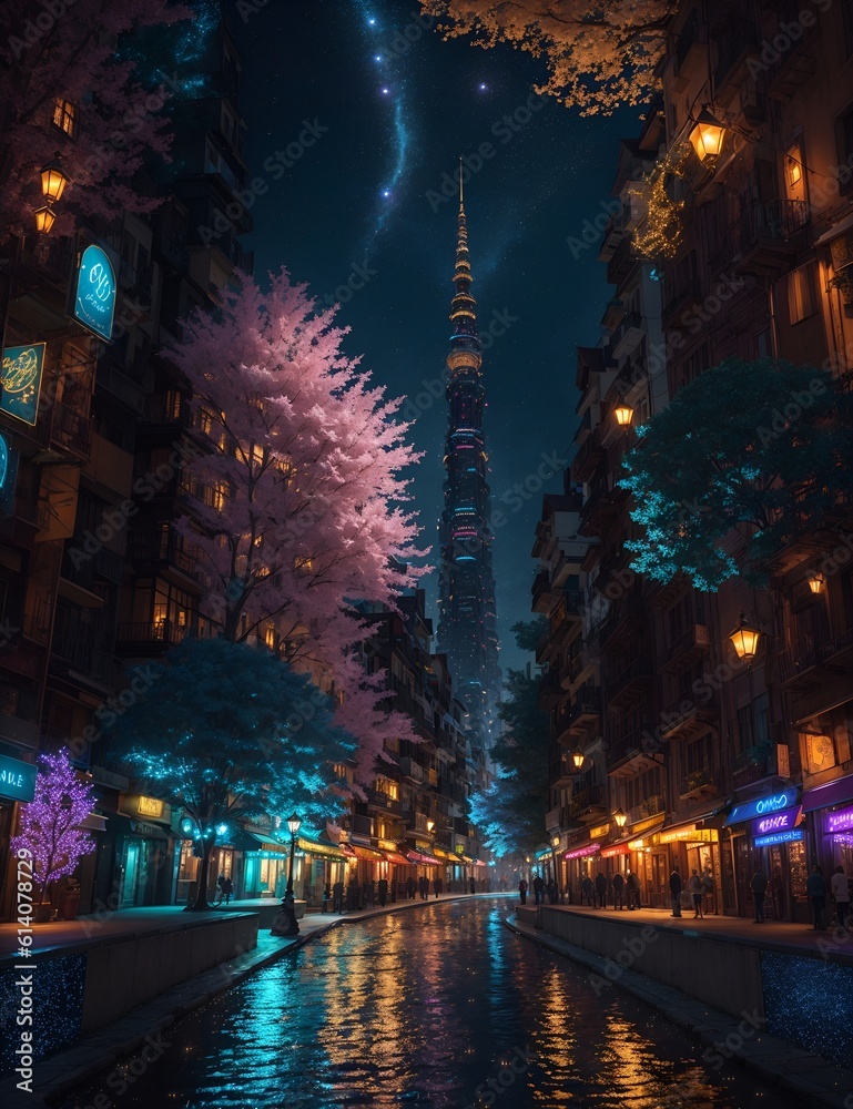 The city streets are lined with charming buildings adorned with twinkling lights while fireflies swarm the sky;Generate to AI