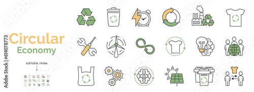 A set of icons for the circular economy. Production, usage, recycling, energy saving, repair, renewable resources,consumption. Vector line illustration in yellow and green. Editable stroke.  photo