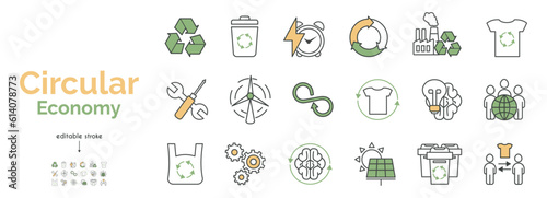 A set of icons for the circular economy. Production, usage, recycling, energy saving, repair, renewable resources,consumption. Vector line illustration in yellow and green. Editable stroke. 