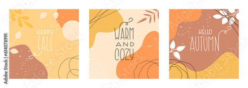 Autumn Colors Abstract Background Collection. Fall Design Elements and Templates Set. Square Composition Frames with Cute Vector Hand Lettering and Autumn Greetings for Social Media.