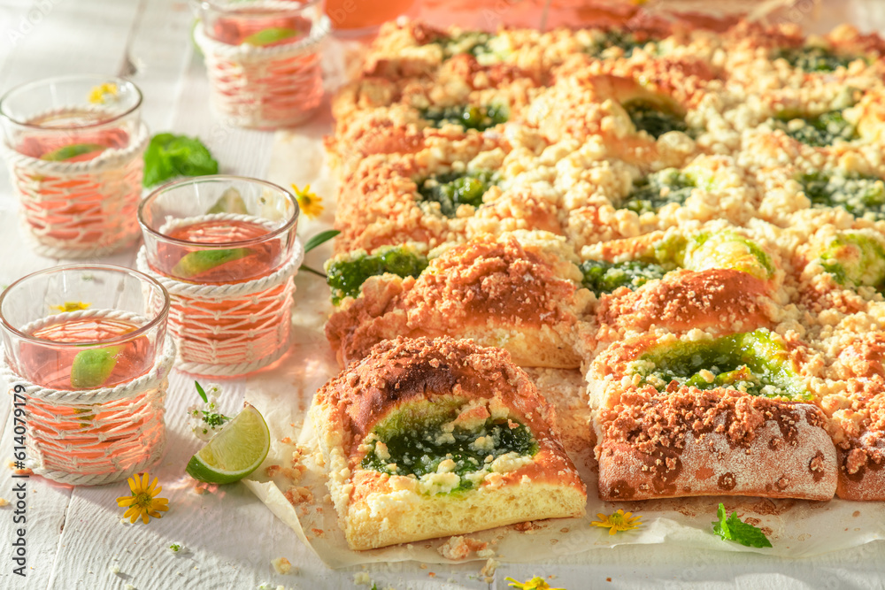 Delicious gooseberry yeast cake served with lemonade. Delicious gooseberry yeast cake served with lemonade.