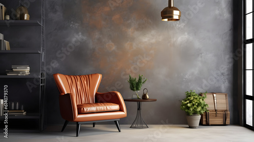 Style loft interior with leather armchair on dark cement wall.