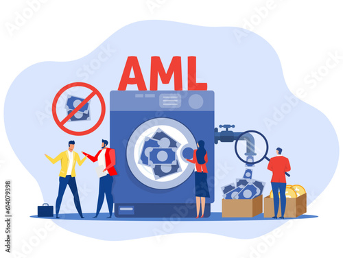 Anti Money Laundering acronym or Aml or Against Money Laundering,Aml  Washing Machine Stop Corruption and Illegal Business. Cartoon People Vector Illustration photo