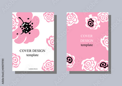 Pink Anemone flowers. Two floral poster templates. Vector hand-drawn artistic illustration on white background.