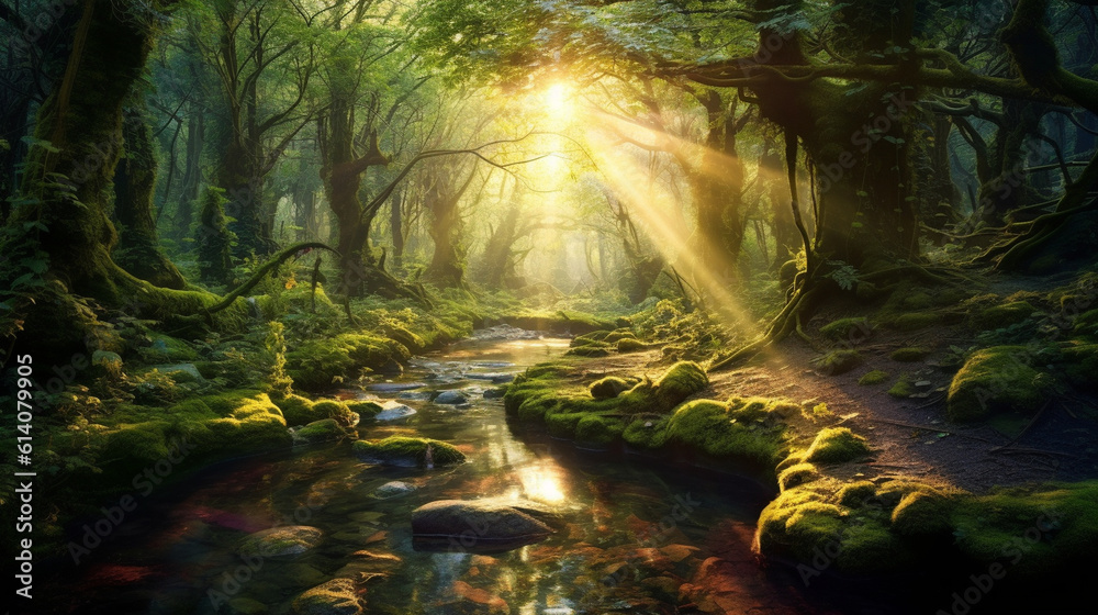 Get ready to be transported to a fairytale land with this enchanting forest scene. Sunlight filters through the dense foliage, casting a magical glow on the moss-covered ground.