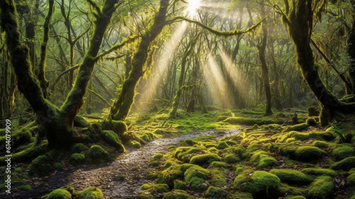 Get ready to be transported to a fairytale land with this enchanting forest scene. Sunlight filters through the dense foliage  casting a magical glow on the moss-covered ground.  Generative AI